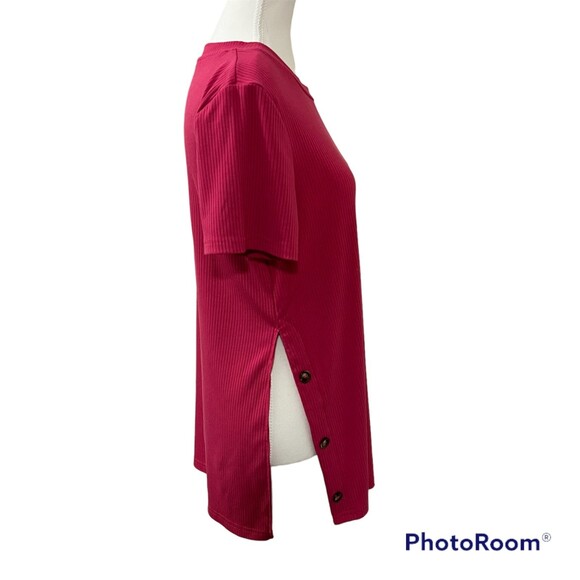 Shein Pink Crew Neck Short Sleeve Tunic Top Button Accent Side Slit Top Sz Large - Picture 2 of 12